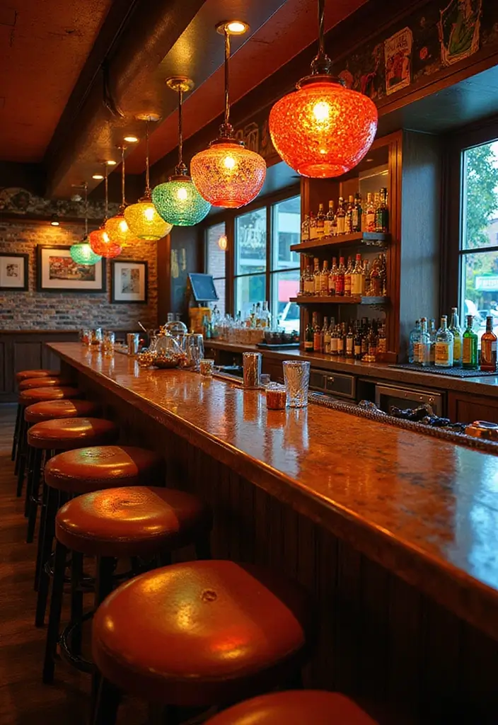 29 Bar Lighting Designs for a Bold and Vibrant Atmosphere - 15. Colorful Glass Fixtures