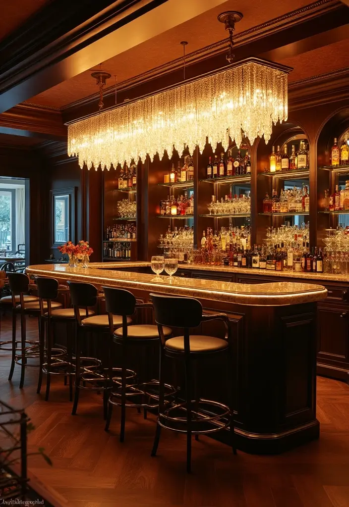 29 Bar Lighting Designs for a Bold and Vibrant Atmosphere - 18. Crystal Accented Lighting