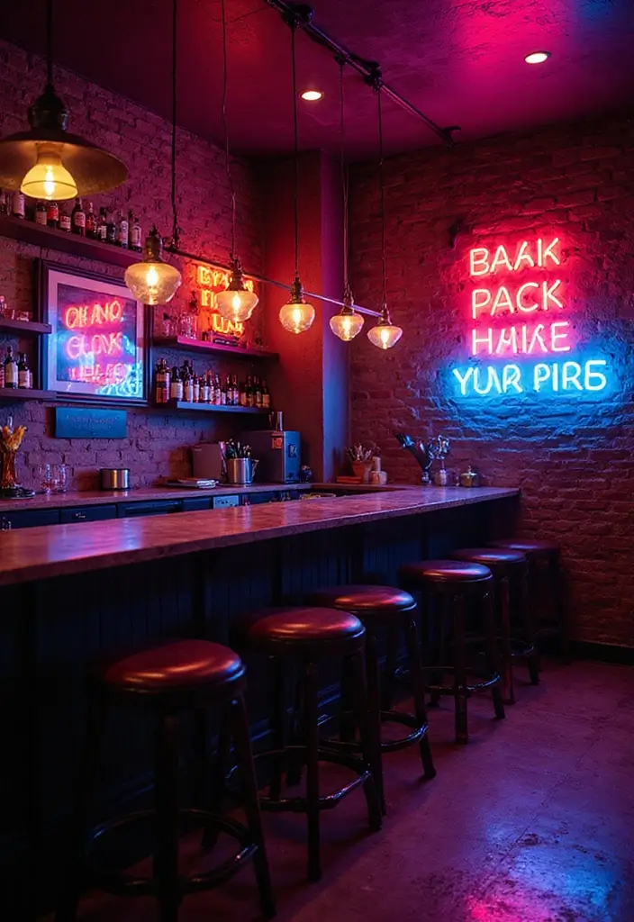 29 Bar Lighting Designs for a Bold and Vibrant Atmosphere - 2. Colorful Neon Lights