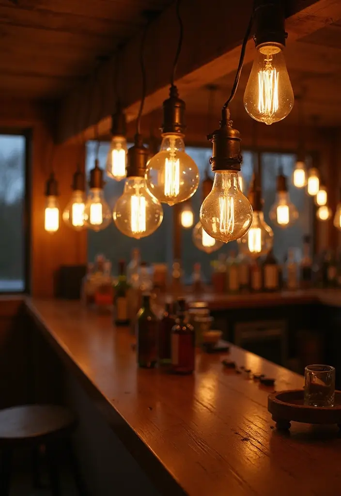 29 Bar Lighting Designs for a Bold and Vibrant Atmosphere - 3. Rustic Edison Bulbs