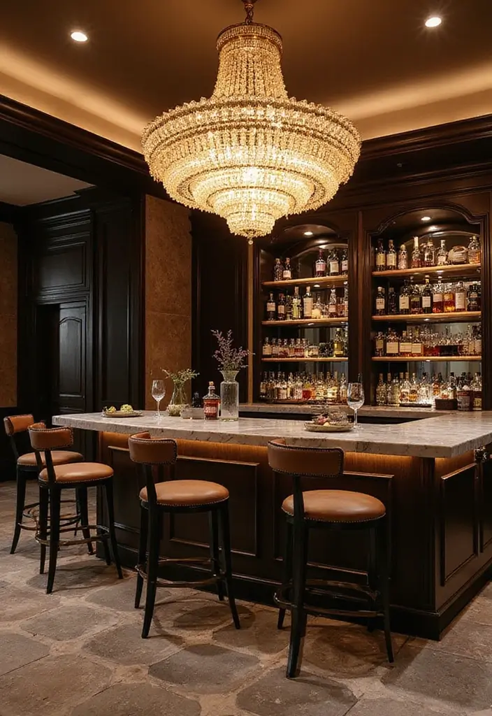 29 Bar Lighting Designs for a Bold and Vibrant Atmosphere - 7. Statement Chandeliers