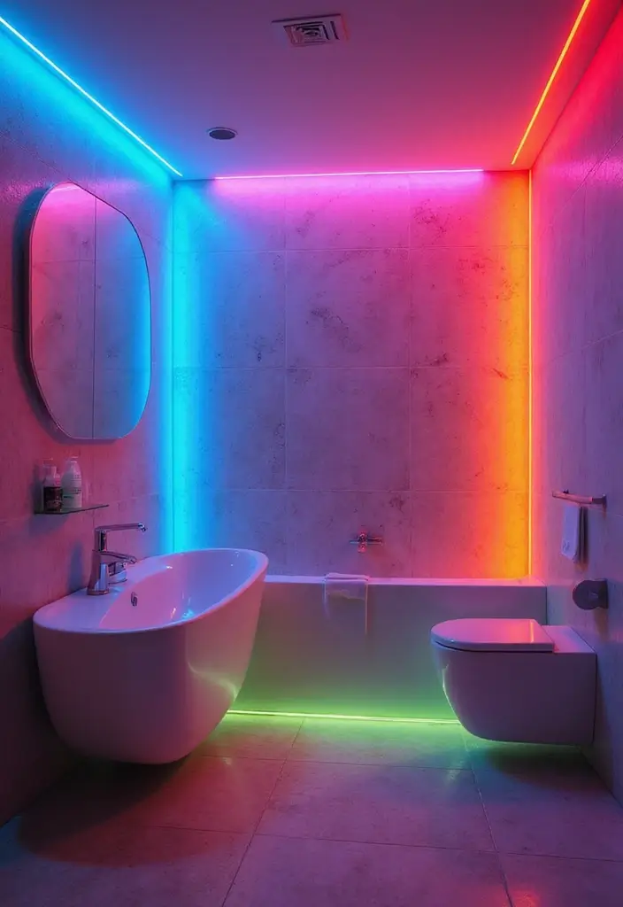 29 Bathroom Vanity Lighting Ideas That Upgrade Any Look 17 29 Bathroom Vanity Lighting Ideas That Upgrade Any Look - 17. Colorful Accent Lights