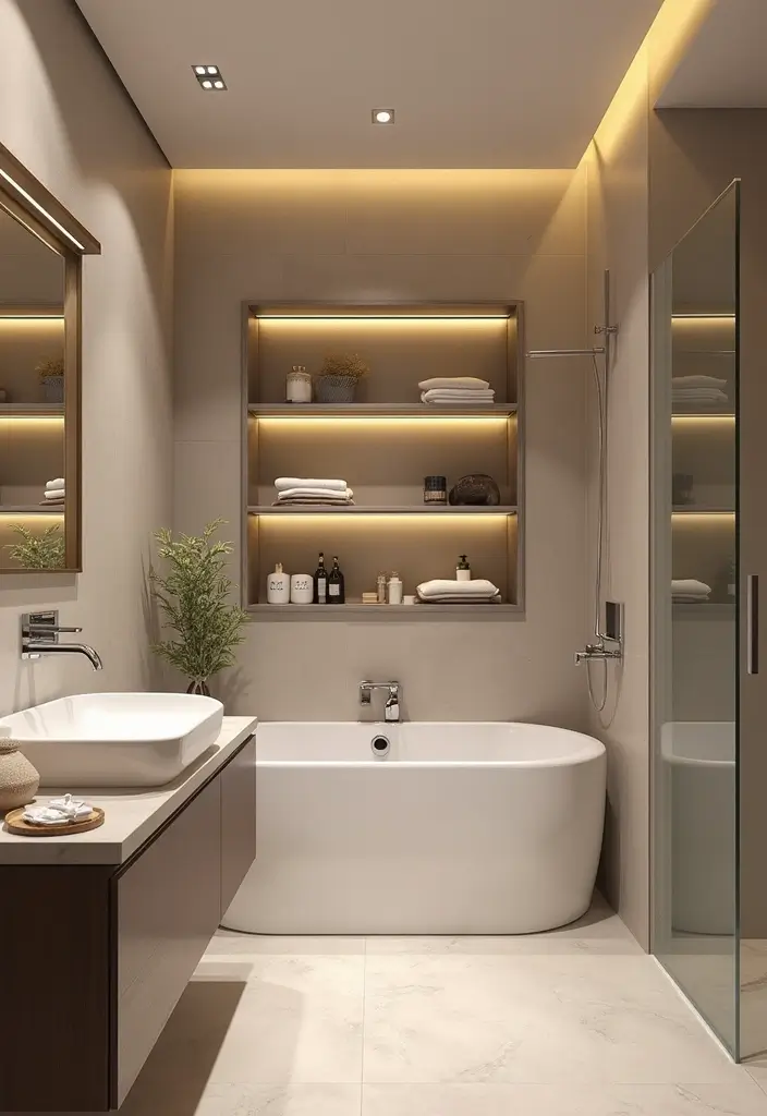 29 Bathroom Vanity Lighting Ideas That Upgrade Any Look 28 29 Bathroom Vanity Lighting Ideas That Upgrade Any Look - 28. Integrated Lighting in Shelves