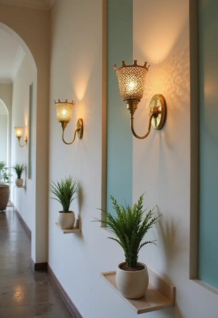 29 Hallway Lighting Ideas for Bright, Inviting Spaces - 11. Decorative Wall Sconces with Plant Integrations