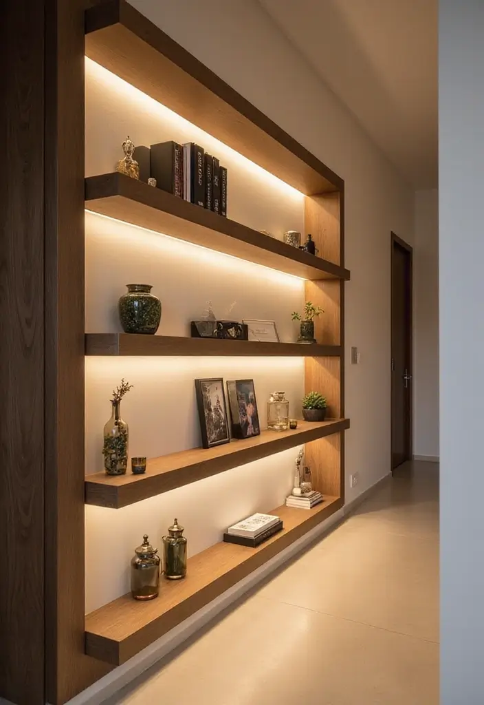 29 Hallway Lighting Ideas for Bright, Inviting Spaces - 20. Floating Shelves with Integrated Lighting
