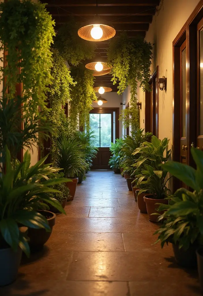 29 Hallway Lighting Ideas for Bright, Inviting Spaces - 22. Hanging Plant Lights