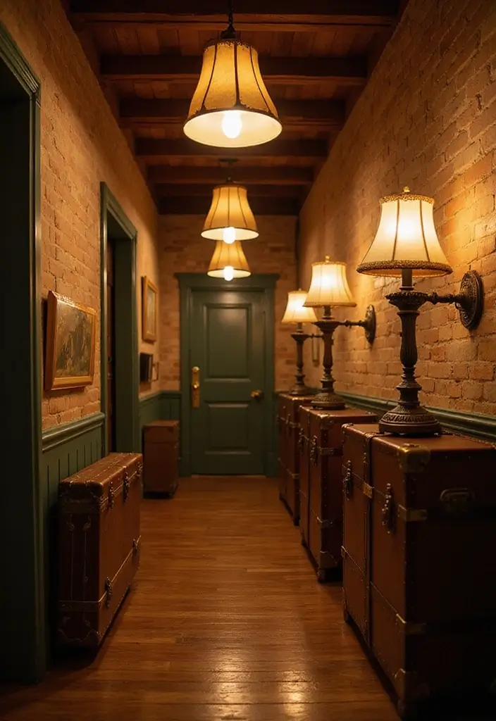 29 Hallway Lighting Ideas for Bright, Inviting Spaces - 29. Vintage Travel Trunk Lamps