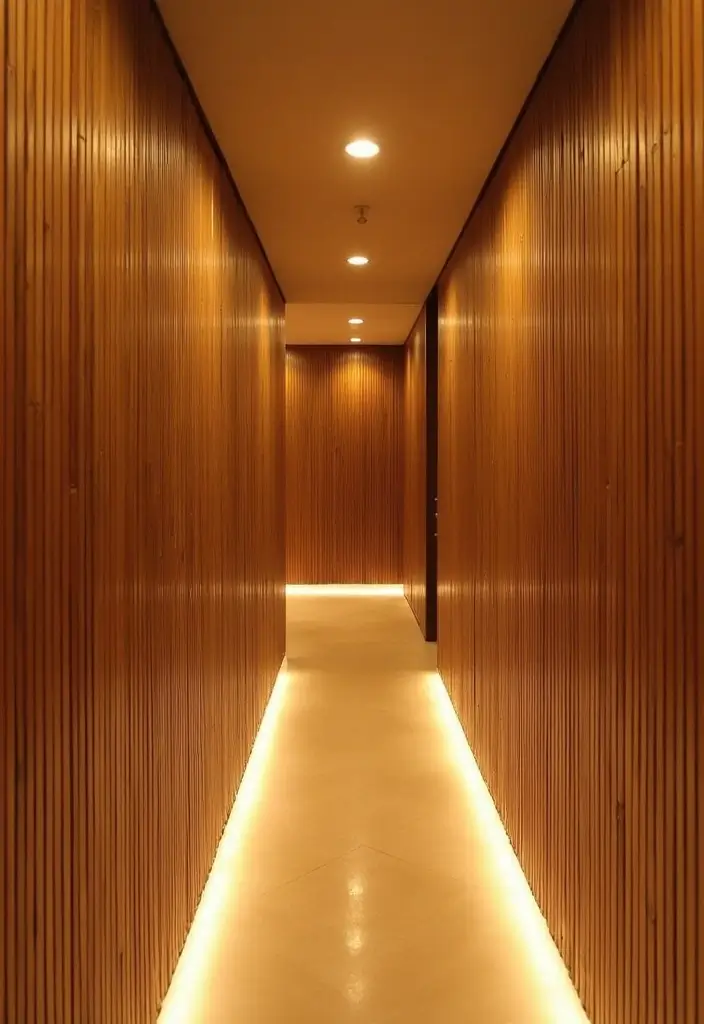 29 Hallway Lighting Ideas for Bright, Inviting Spaces - 7. Sustainable Bamboo Wall Panels with Integrated Lighting