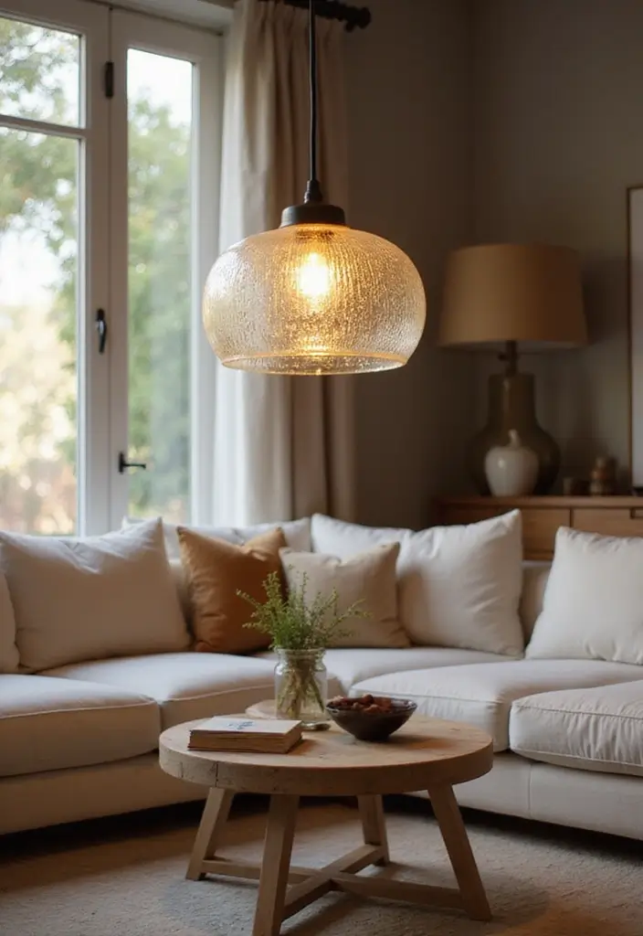 29 Living Room Lighting Ideas You’ll Want to Copy Right Now - 1. Recycled Glass Pendant Lights