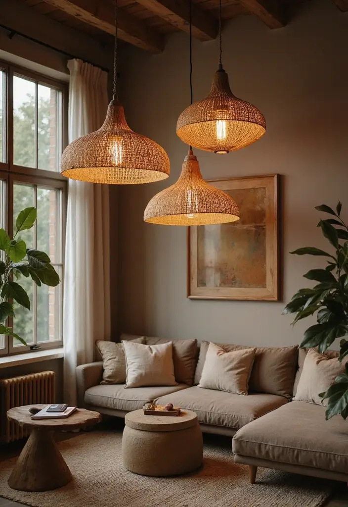 29 Living Room Lighting Ideas You’ll Want to Copy Right Now - 23. Pendant Lights with Natural Materials