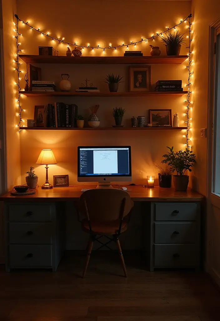 30+ Home Office Lighting Tips to Improve Focus and Style 16 30+ Home Office Lighting Tips to Improve Focus and Style - 16. Add LED String Lights
