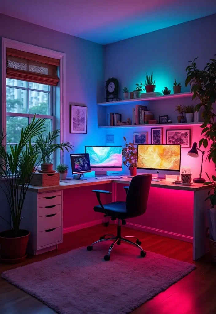 30+ Home Office Lighting Tips to Improve Focus and Style 23 30+ Home Office Lighting Tips to Improve Focus and Style - 23. Experiment with Color-Changing Lights