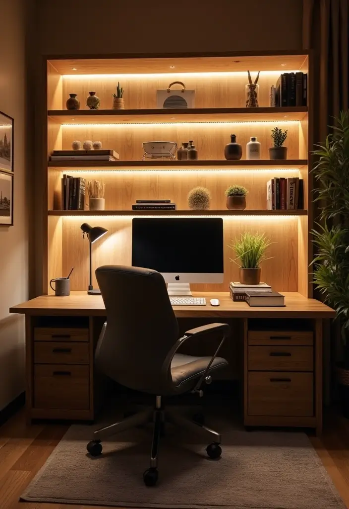 30+ Home Office Lighting Tips to Improve Focus and Style 28 30+ Home Office Lighting Tips to Improve Focus and Style - 28. Make Use of Under-Shelf Lighting