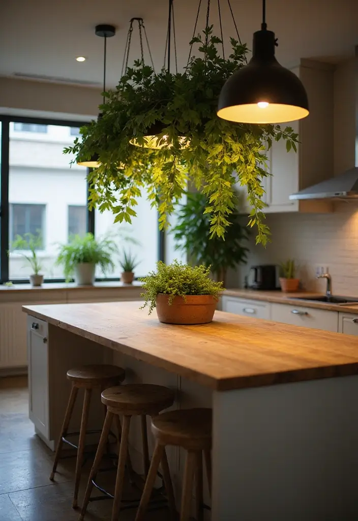 30+ Kitchen Island Lighting Ideas You Can’t Miss - 16. Hanging Plants with Lights