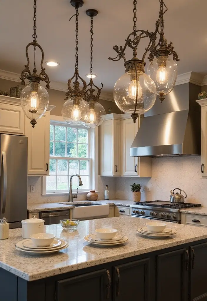 30+ Kitchen Island Lighting Ideas You Can’t Miss - 23. Vintage-Style Ceiling Fixtures