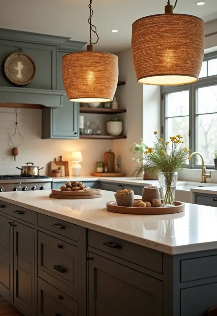 30+ Kitchen Island Lighting Ideas You Can’t Miss - 27. Textured Fabric Shades