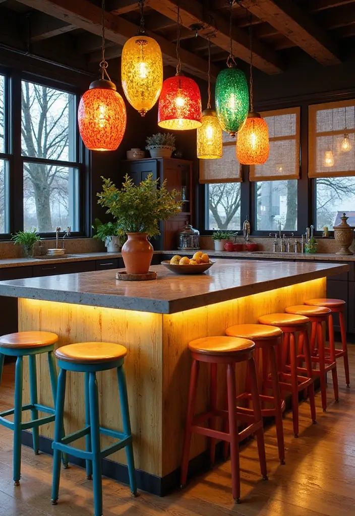 30+ Kitchen Island Lighting Ideas You Can’t Miss - 8. Colorful Glass Fixtures