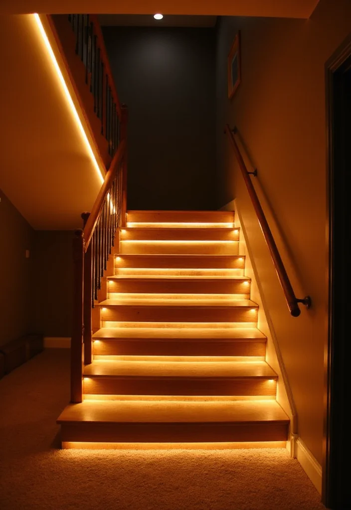 10 Basement Stairwell Ideas for Clean Safe Design - 1. Brighten Up with LED Strip Lights