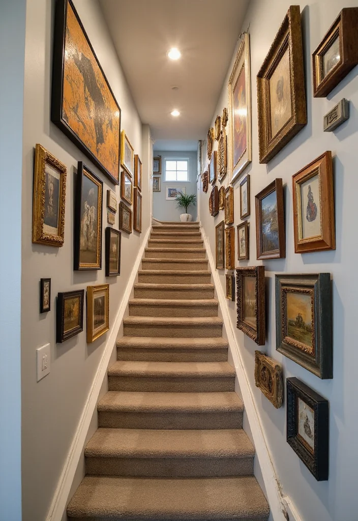10 Basement Stairwell Ideas for Clean Safe Design - 4. Incorporate Wall Art