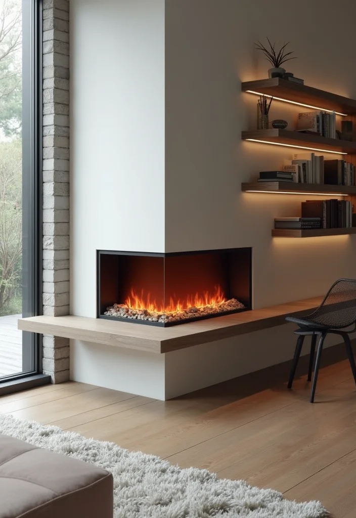 10 Corner Fireplace Ideas for Efficient Space Use 12 10 Corner Fireplace Ideas for Efficient Space Use - 2. Chic Electric Fireplace for Modern Spaces