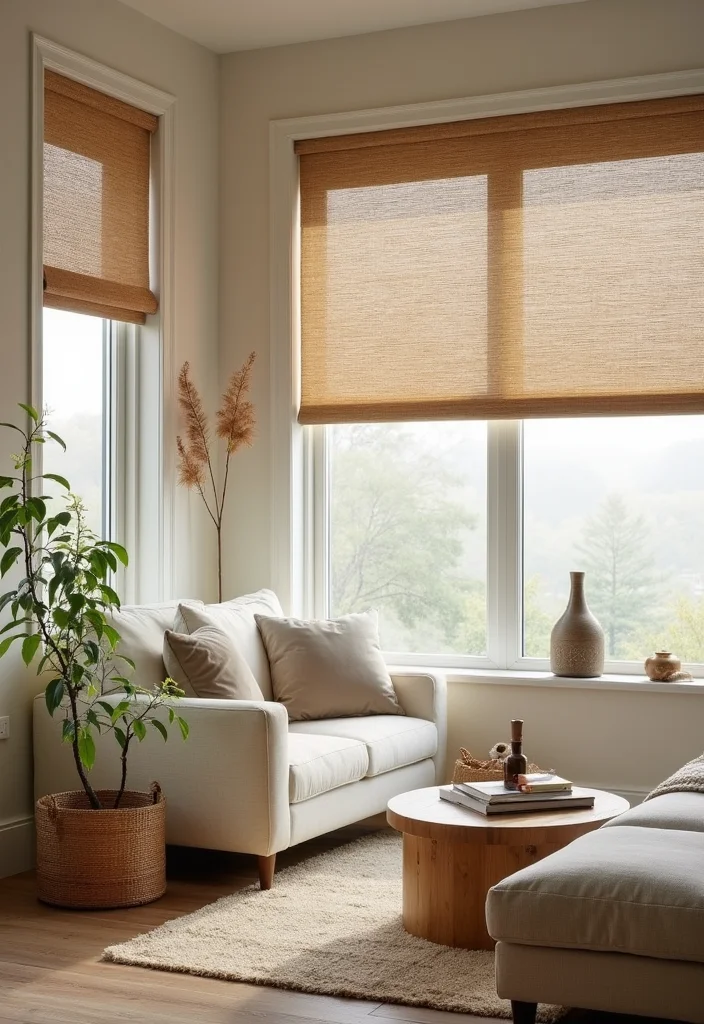 10 Curtain Room Divider Ideas for Flexible Open Layouts - 4. Natural Fiber Roller Shades
