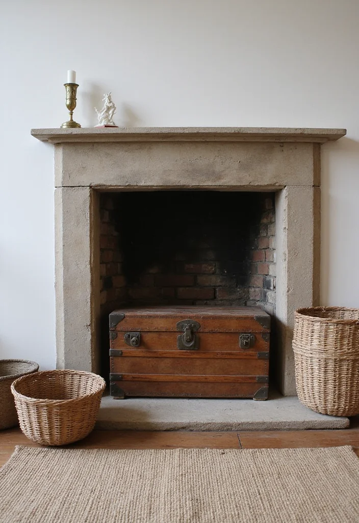 10 Empty Fireplace Ideas for Stylish Decorative Use - 6. Vintage Storage Solution