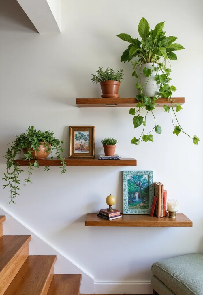 10 Wall Stairs Decor Ideas for Vertical Visual Interest - 2. Artful Displays with Floating Shelves