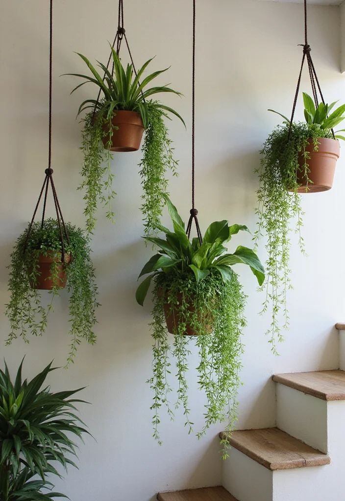 10 Wall Stairs Decor Ideas for Vertical Visual Interest - 6. Whimsical Hanging Planters