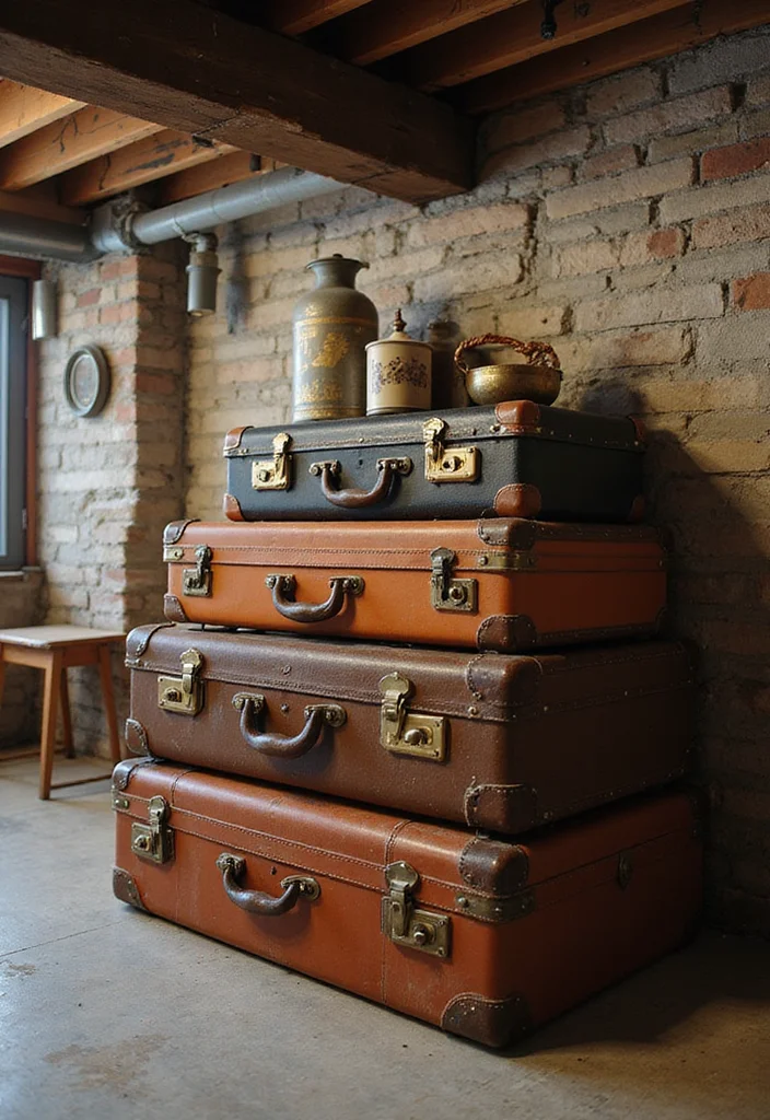 12 Basement Storage Room Ideas for Better Home Organization - 6. Vintage Suitcases for Chic Storage