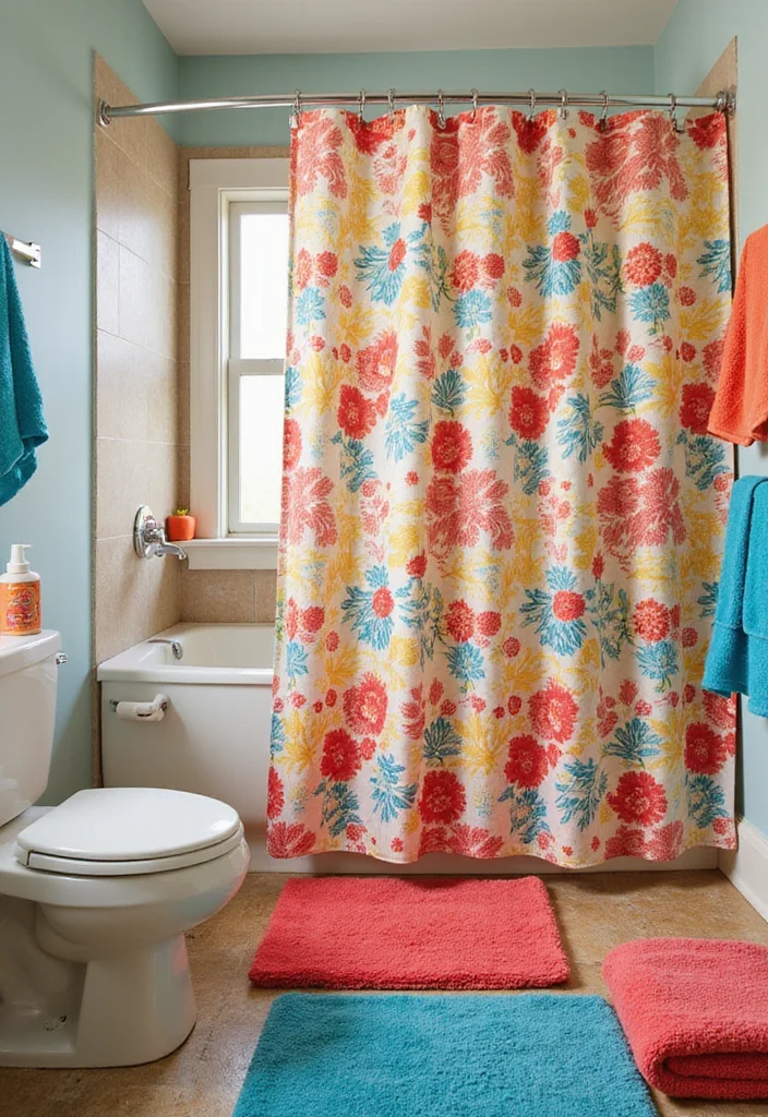 12 Bathroom Ideas With Shower Curtain for Easy Affordable Style - 1. Vibrant Prints for a Fun Pop