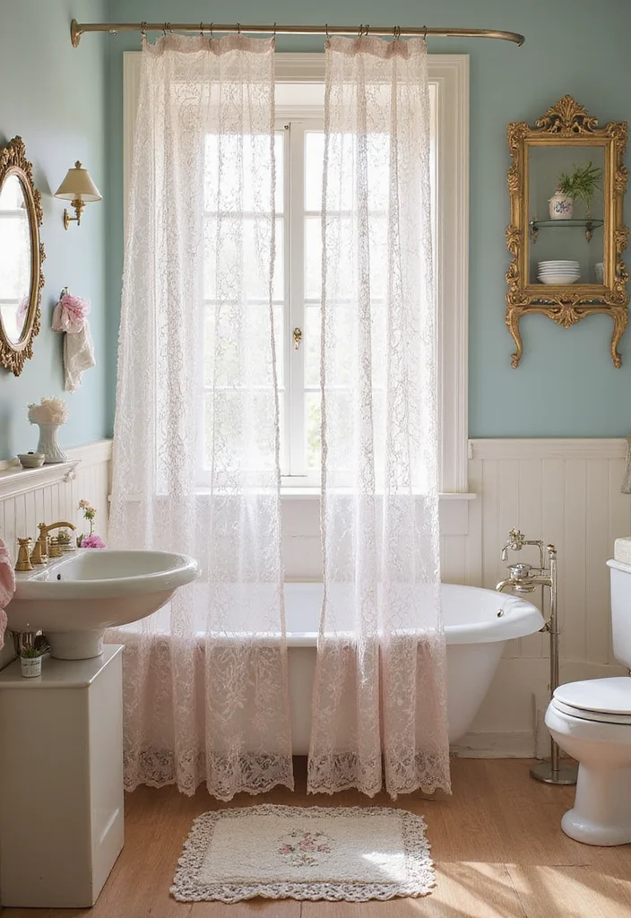 12 Bathroom Ideas With Shower Curtain for Easy Affordable Style - 11. Elegant Lace Touch