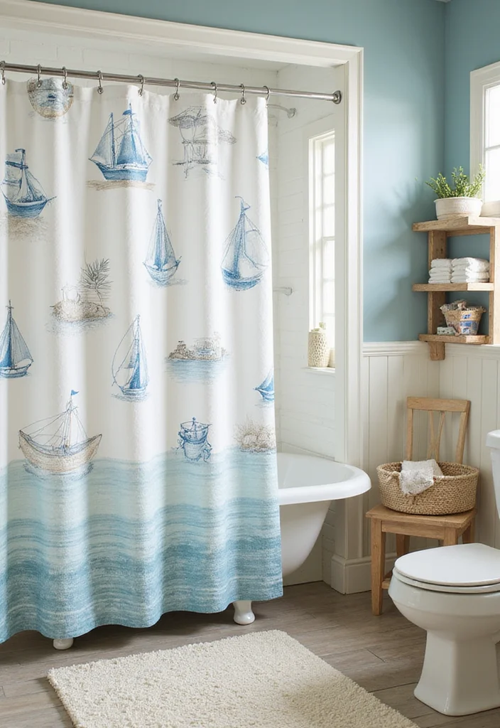 12 Bathroom Ideas With Shower Curtain for Easy Affordable Style - 3. Coastal Charm with Nautical Themes
