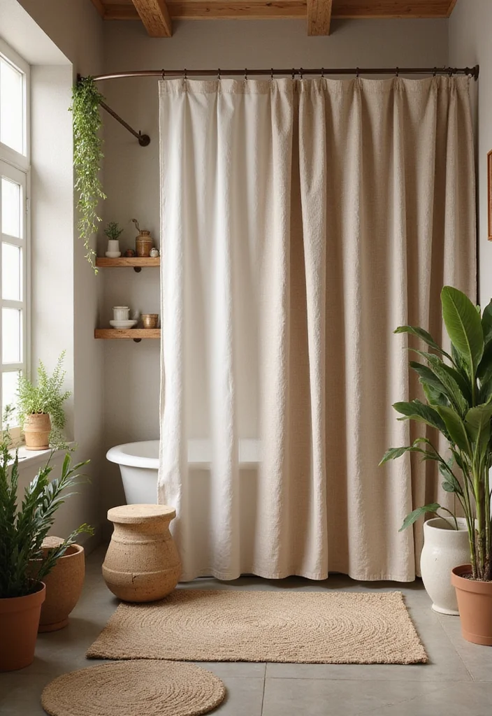12 Bathroom Ideas With Shower Curtain for Easy Affordable Style - 6. Earthy Textures and Patterns