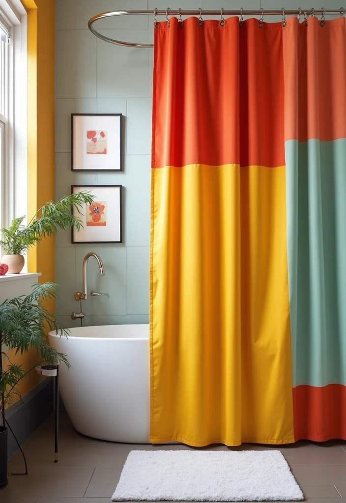 12 Bathroom Ideas With Shower Curtain for Easy Affordable Style - 7. Bold Color Blocking