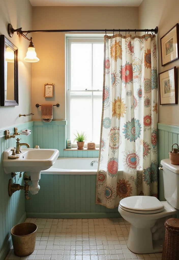12 Bathroom Ideas With Shower Curtain for Easy Affordable Style - 8. Vintage Charm with Retro Prints