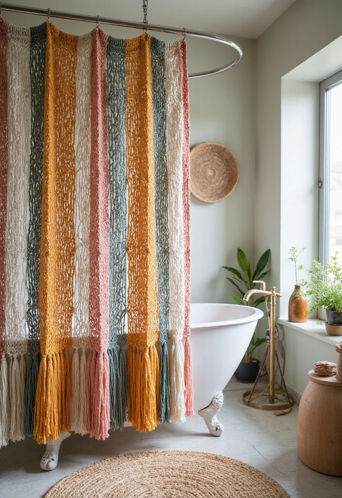12 Bathroom Shower Curtain Ideas for Fresh Stylish Upgrades 83 12 Bathroom Shower Curtain Ideas for Fresh Stylish Upgrades - 9. Colorful Macrame