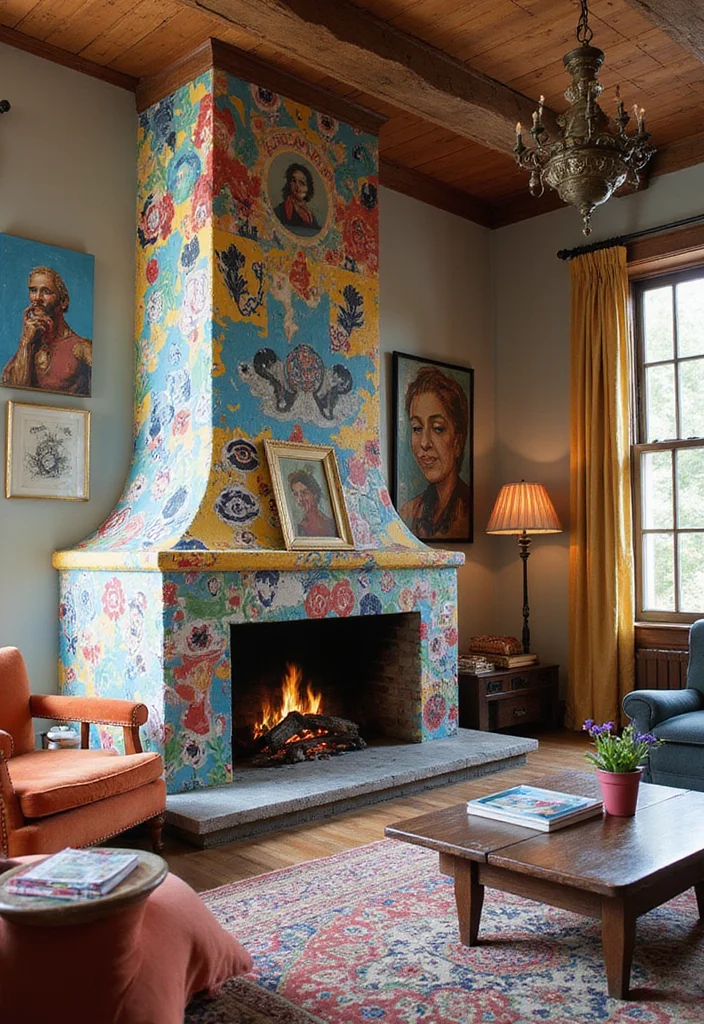 12 Living Room With Fireplace Design Ideas for Strong Cozy Focal Points - 12. Artistic Flair