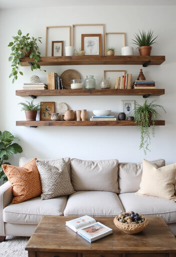 12 Over Sofa Wall Decor Ideas for Strong Living Room Accents 100 12 Over Sofa Wall Decor Ideas for Strong Living Room Accents - 10. Reclaimed Wood Shelves for Functionality