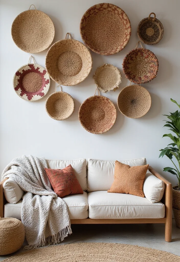 12 Over Sofa Wall Decor Ideas for Strong Living Room Accents 111 12 Over Sofa Wall Decor Ideas for Strong Living Room Accents - 11. Colorful Baskets for Storage and Style