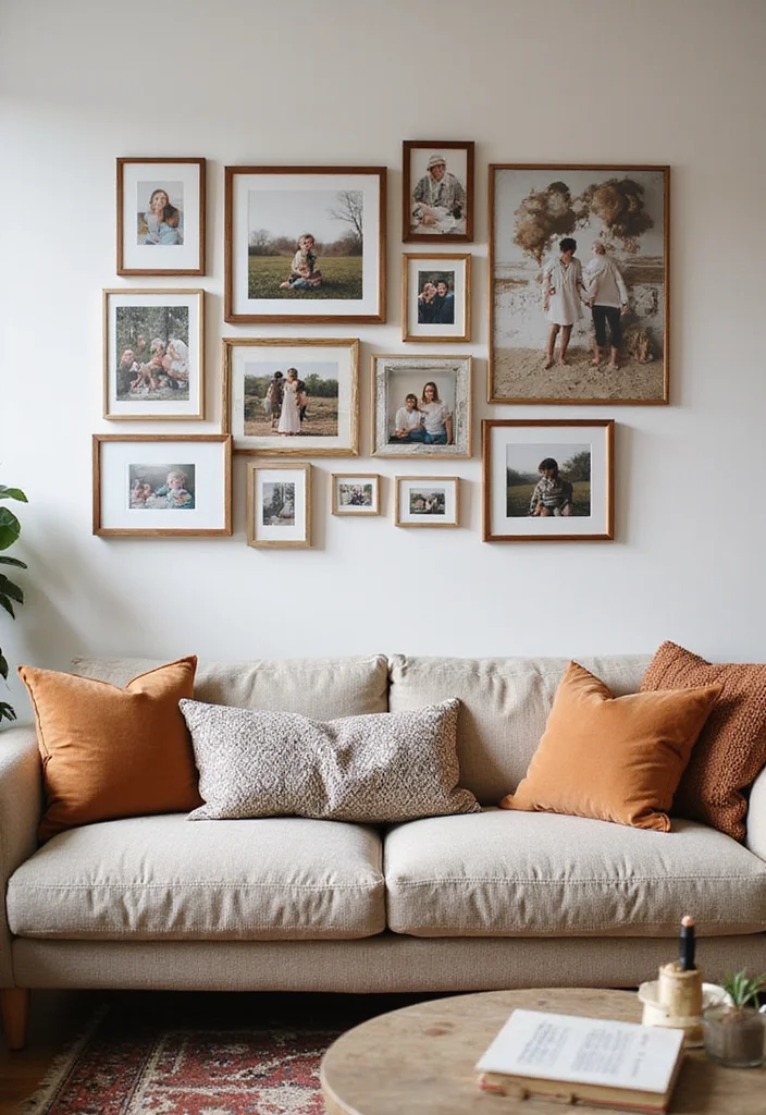 12 Over Sofa Wall Decor Ideas for Strong Living Room Accents 122 12 Over Sofa Wall Decor Ideas for Strong Living Room Accents - 12. Personalized Photo Collage