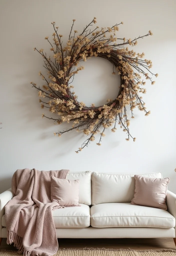 12 Over Sofa Wall Decor Ideas for Strong Living Room Accents 78 12 Over Sofa Wall Decor Ideas for Strong Living Room Accents - 8. Whimsical Wreaths for a Natural Touch
