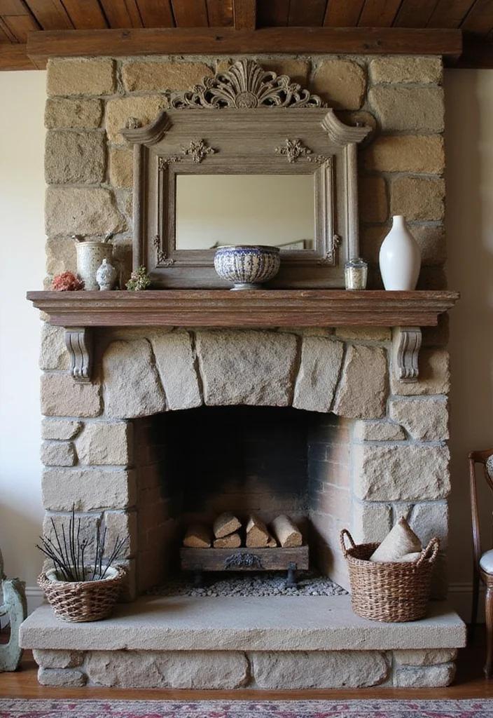 12 Stone Fireplace Ideas for Rustic Timeless Texture 100 12 Stone Fireplace Ideas for Rustic Timeless Texture - 10. Stone Fireplace with Vintage Mantel