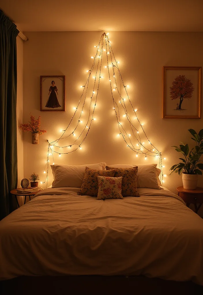 12 Wall Decor Over Bed Ideas for Balanced Bedroom Style 78 12 Wall Decor Over Bed Ideas for Balanced Bedroom Style - 8. String Lights and Art