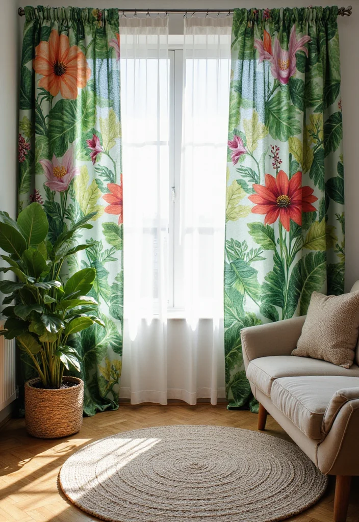 12 Window and Curtain Ideas for Balanced Light and Style - 5. Botanical Prints on Curtains
