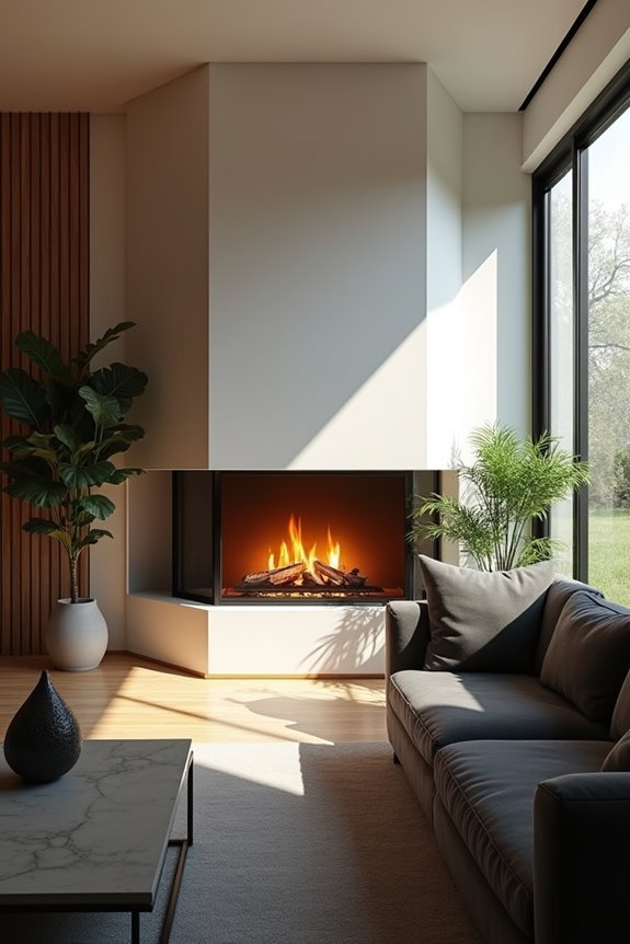 corner fireplaces preserve sightlines while delineating spaces
