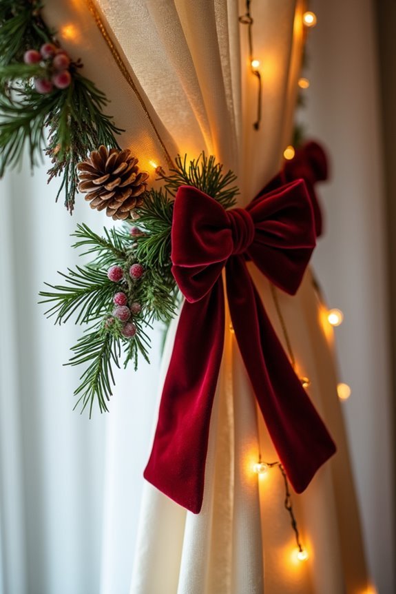 10 Ways to Decorate Your Curtain Rod for Christmas 8 evenly spaced velvet bows secure