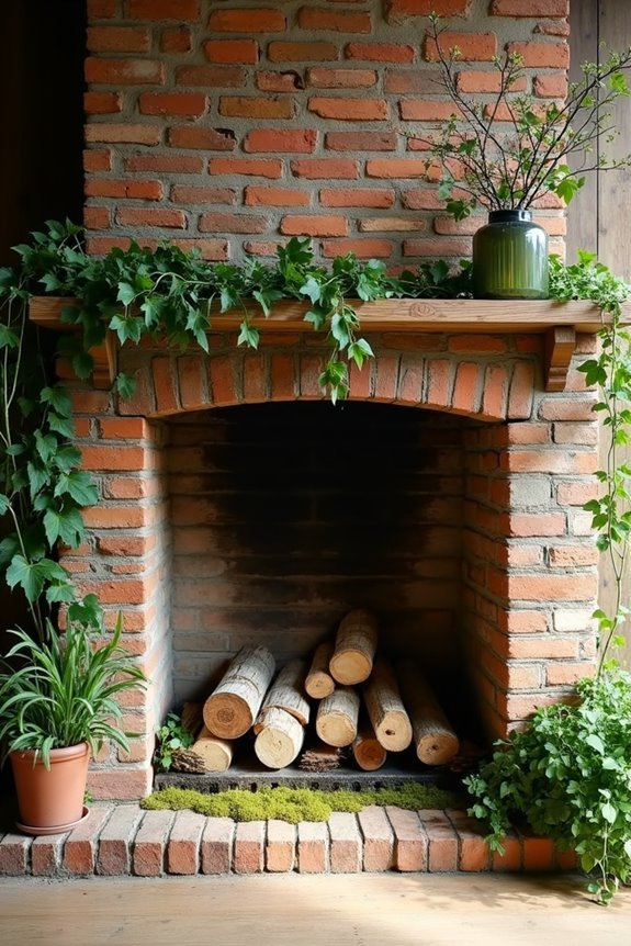 5 Ways to Style a Fireplace Without a Mantle 3 greenery and wood balance fireplace